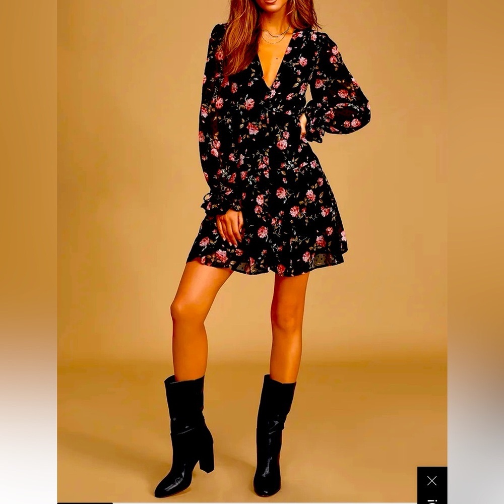 Lulu’s Flirty Girl Long Sleeve Black Dress